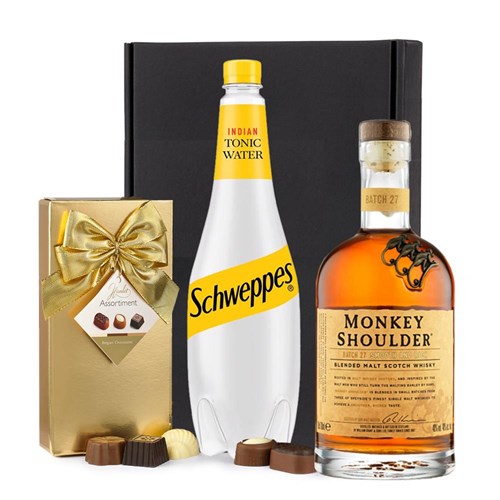 Monkey Shoulder Whisky with Schweppes Tonic & Chocolates Gift Box | Spirit Mixer Set